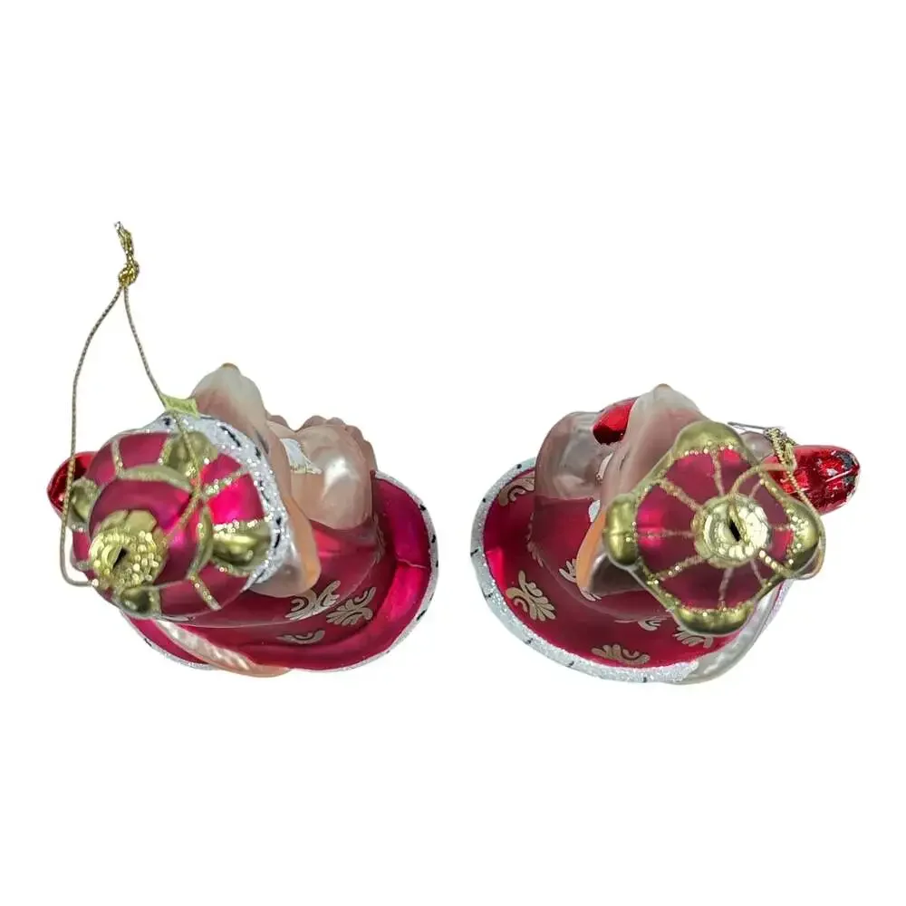 Fitz and Floyd Charming Tails King and Queen of Hearts Mouse Glass Ornaments Set